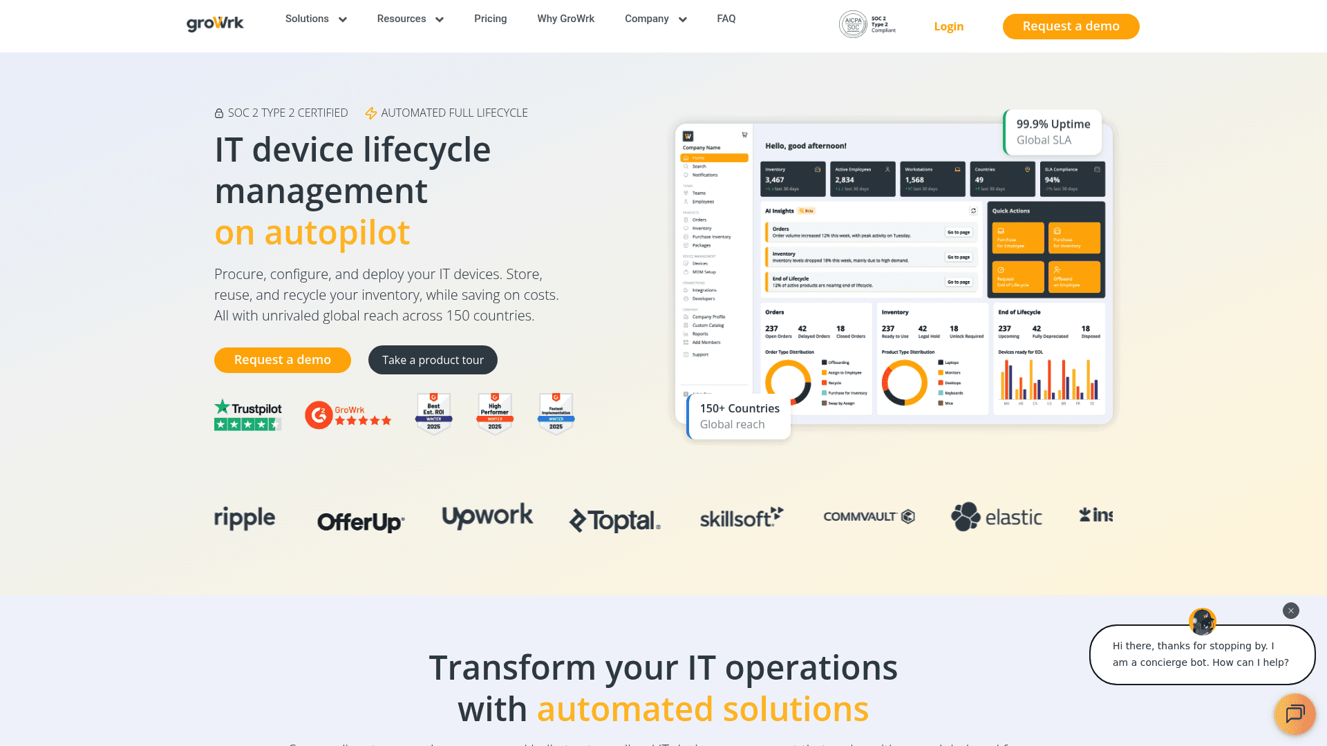A screenshot of the GroWrk homepage, a service for managing the physical logistics of an IT asset recovery offboarding checklist.