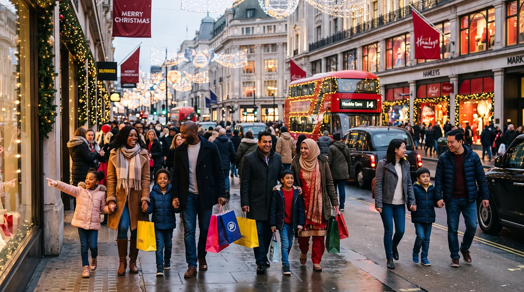 Diverse multicultural families in the UK shopping and celebrating