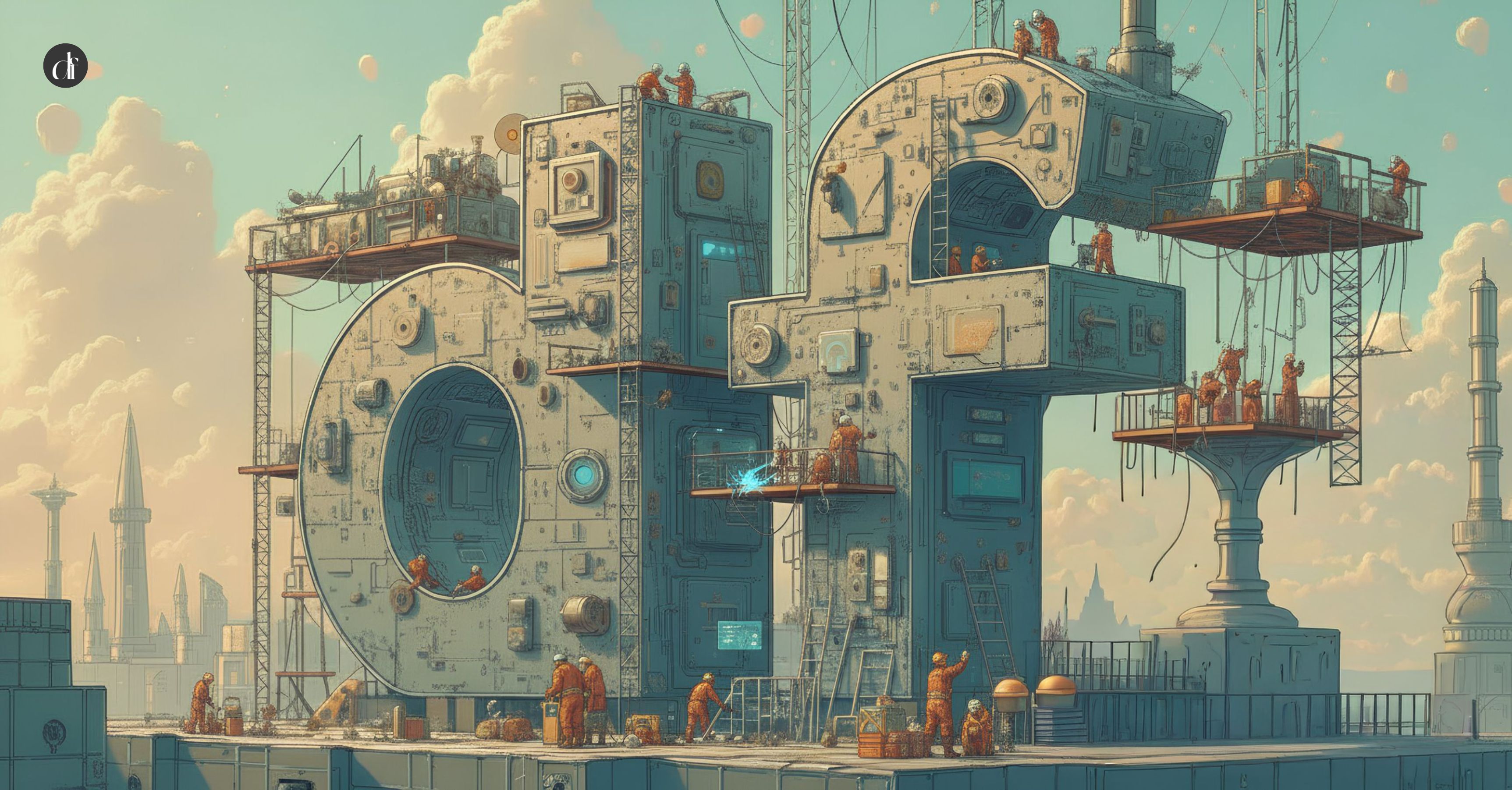 Team building a large branded structure with cranes symbolizing systematic LinkedIn personal branding and brand development