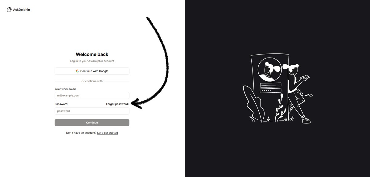 AskDolphin login page with an arrow pointing to the ‘Forgot password?’ link.