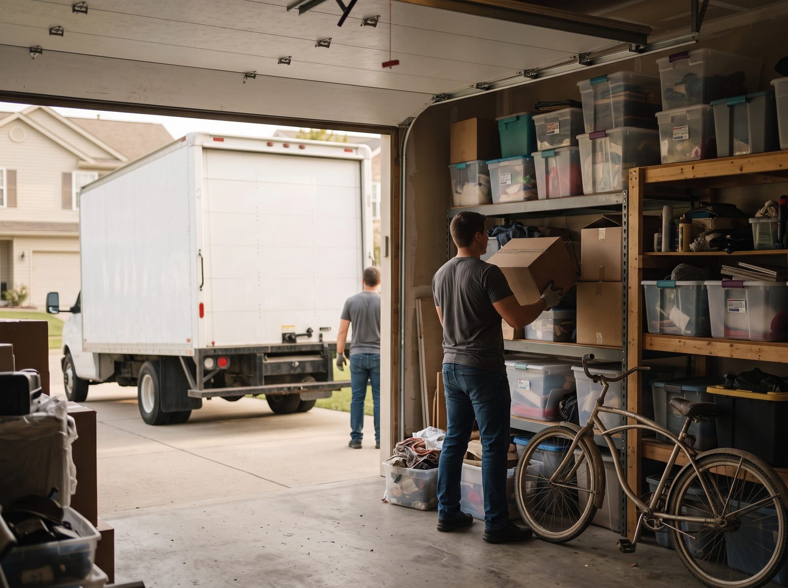 A worker lifts a box from a garage shelf with the box truck parked in the driveway