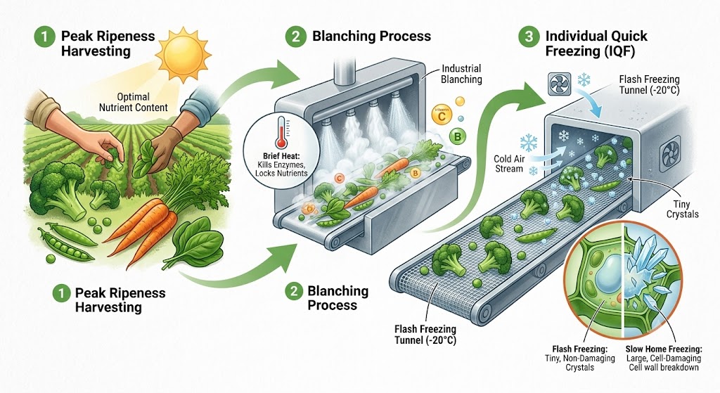 A detailed scientific infographic illustrating the three-step industrial Individual Quick Freezing (IQF) process for vegetables. The timeline shows Peak Ripeness harvesting of broccoli and peas, followed by brief blanching in hot steam, and immediate Flash Freezing at -20°C in an industrial tunnel. A circular inset compares the formation of tiny, non-damaging ice crystals from IQF flash freezing against large, cell-damaging ice crystals caused by slow home freezing.