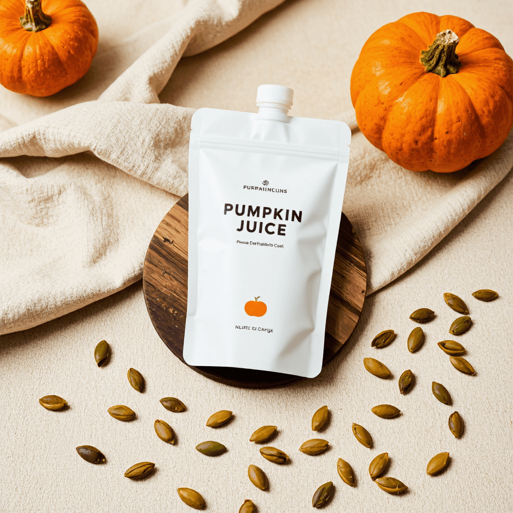 product photography of pumpkin juice pouch