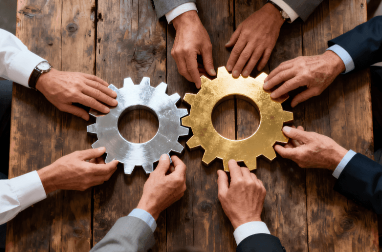 Mãos e engrenagens representando implementação de indicadores