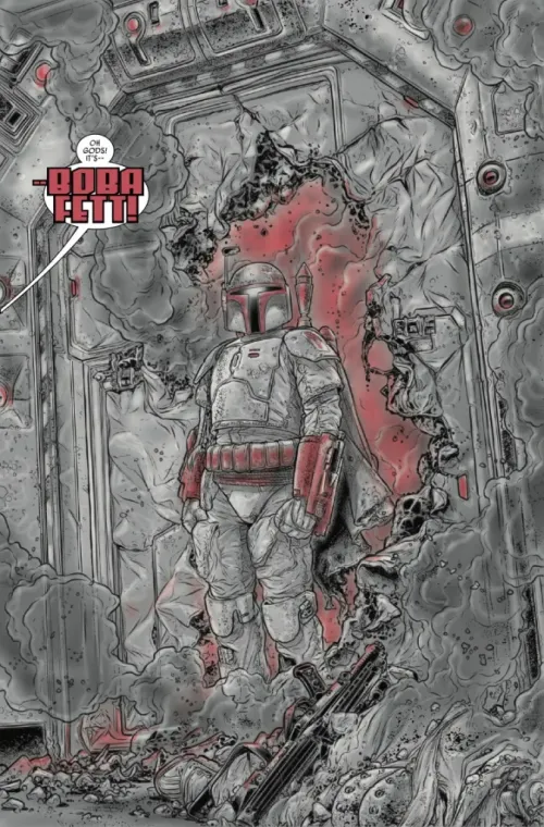A preview page from Boba Fett - Black, White, & Red featuring Boba busting through a door