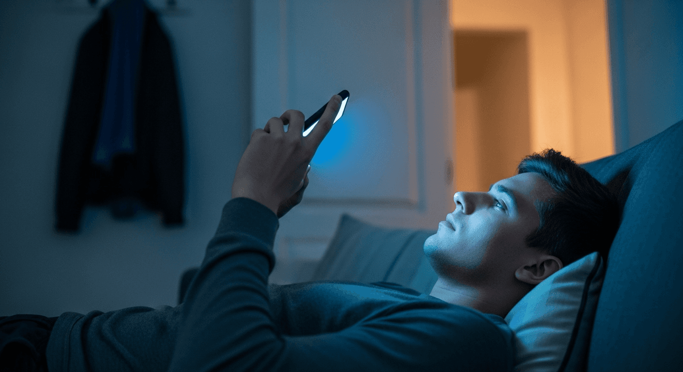 A young man lying on a couch scrolling his phone in blue screen light with an unanswered text visible