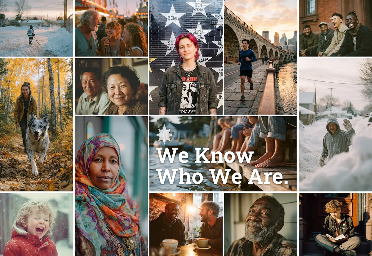 A collage of fifteen photographs depicting the diversity of Minnesota residents and landscapes. From left to right and top to bottom: a child pulling a sled through snow; an older white man and young woman laughing together at a fair; a pink-haired non-binary person standing confidently in front of the First Avenue star wall in Minneapolis; a runner on the Stone Arch Bridge at golden hour with the Minneapolis skyline behind them; three men of diverse ethnicities laughing together on a brick building stoop; a woman hiking through fall birch forest with a blue merle dog; a Hmong couple smiling warmly together; a Somali-American woman in a colorful hijab looking directly at the camera; a group of people sitting on a dock with bare feet dangling over water, overlaid with the text "We Know Who We Are." and the eight-pointed star mark; a person shoveling snow cheerfully while a neighbor waves; a young blonde child laughing in the snow; two men of different ethnicities sharing a warm moment over coffee in golden light; a close portrait of an older Black man with a weathered, dignified expression; and a young person with curly hair reading a book on a stoop wearing a small rainbow pin.
