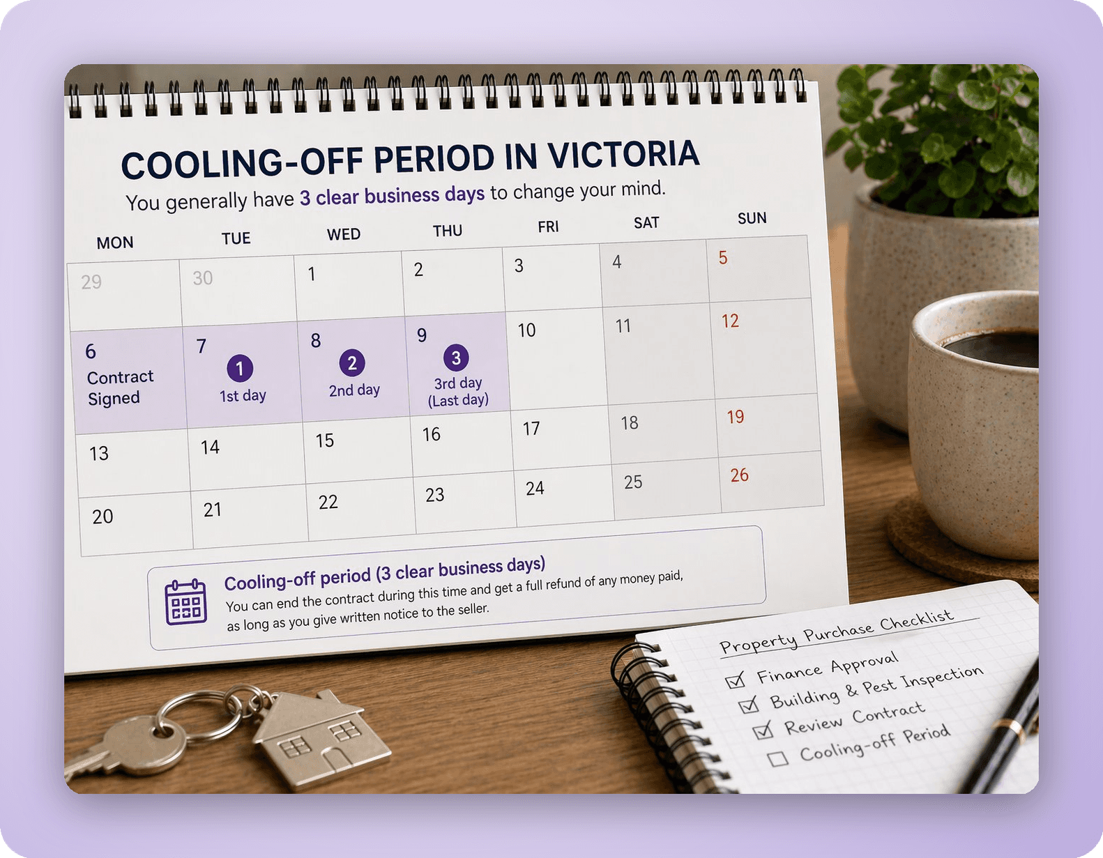 Calendar with days highlighted representing the cooling-off period for a Victorian property purchase