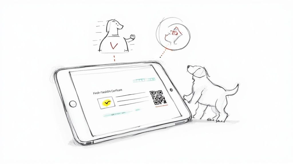 A sketch shows a dog looking at a tablet displaying a digital pet health certificate with a QR code and a checkmark.