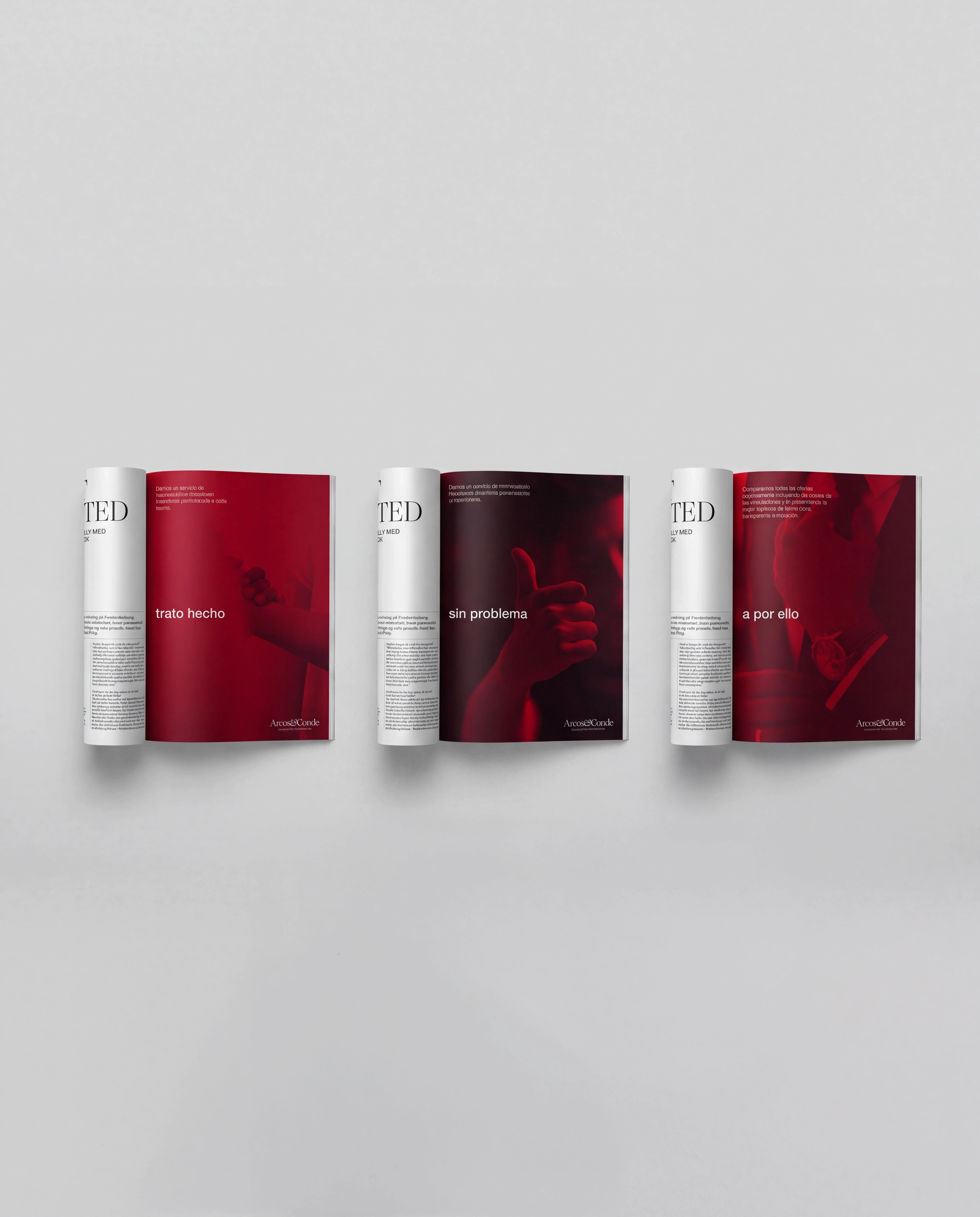Three Arcos & Conde magazine advertisements in red tones, brand identity design by Sebastian Saavedra
