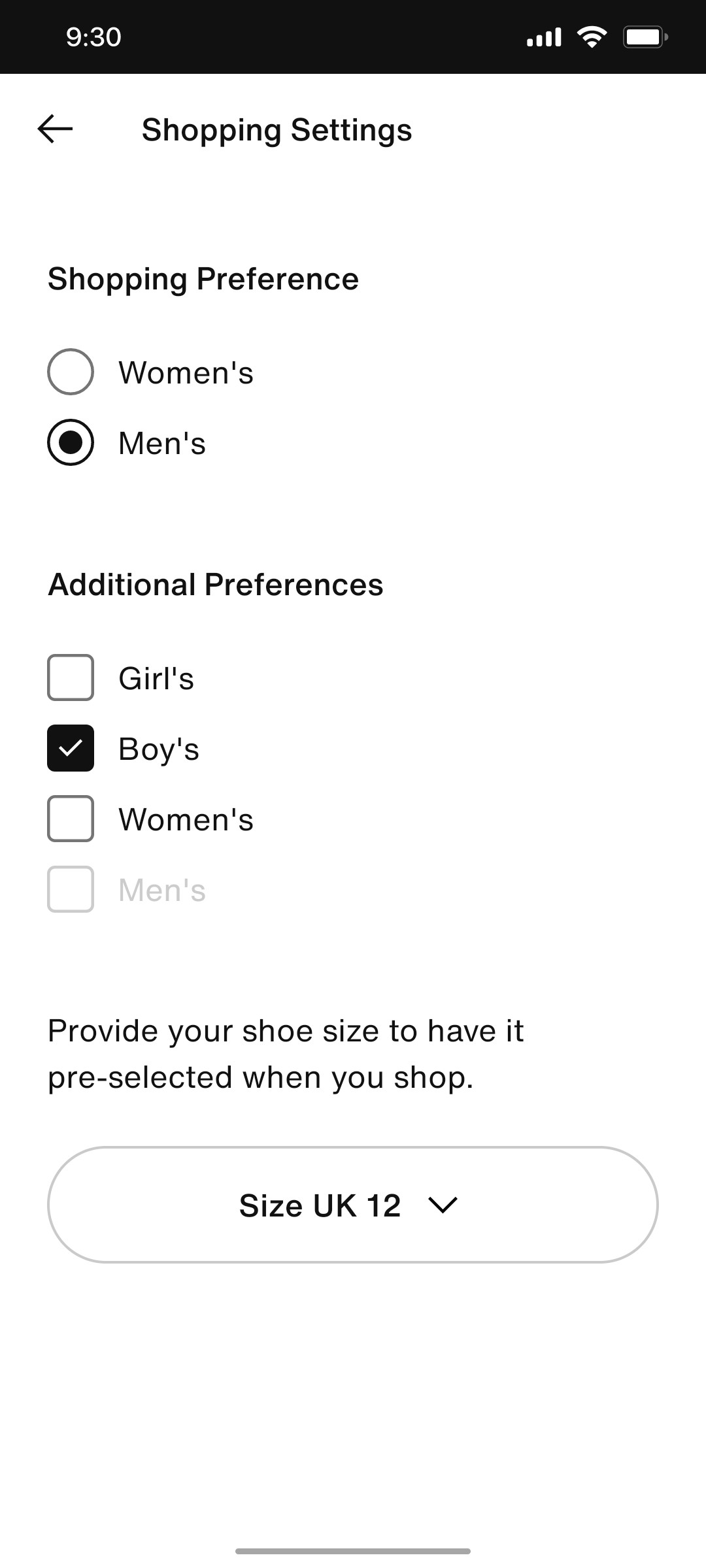 Nike App Shopping Setting Screen