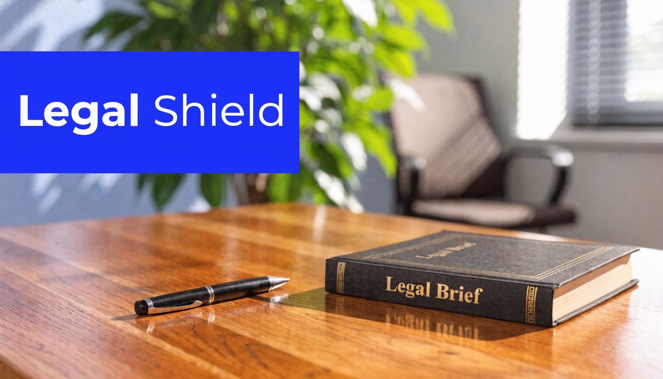 A professional desk setup featuring a black Legal Brief book and a pen, symbolizing legal defense services.