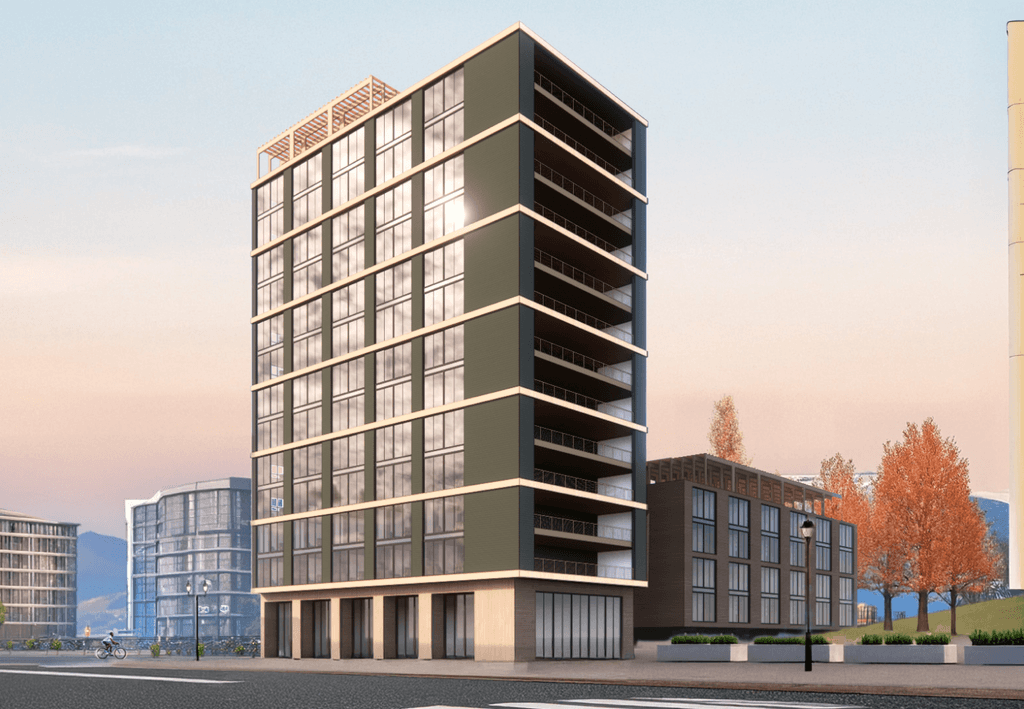 TMBR-engineered tall mass timber building with a modular facade, large windows, and a sustainable high-rise design for urban environments.