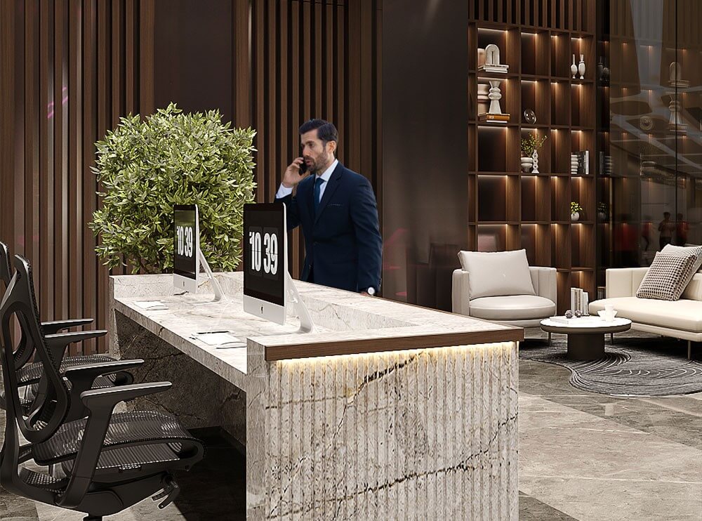 Sleek modern reception at virtual offices abu dhabi with ergonomic chairs for remote and hybrid workspaces. 