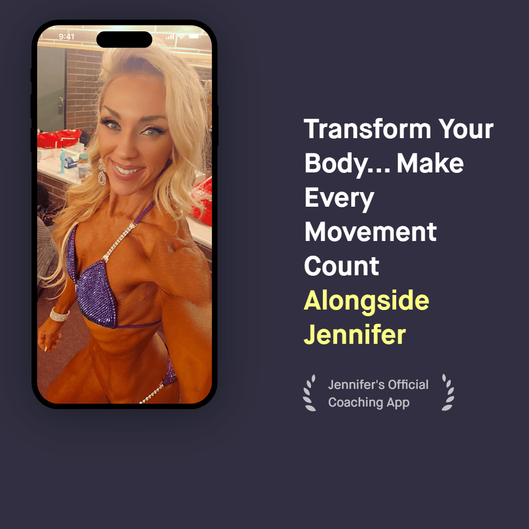 Fitness coach selfie in competition attire promoting Make Every Movement Count coaching app and movement-based wellness.