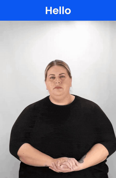 Animated GIF: a Deaf signer signs HELLO in ASL, a flat hand at the side of the forehead moving out and away.