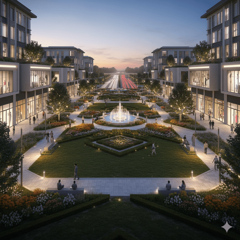 Central landscaped garden and water fountain between modern commercial blocks
