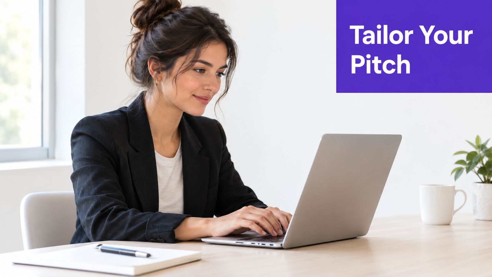 A professional woman typing on a laptop at a bright desk with the text Tailor Your Pitch.