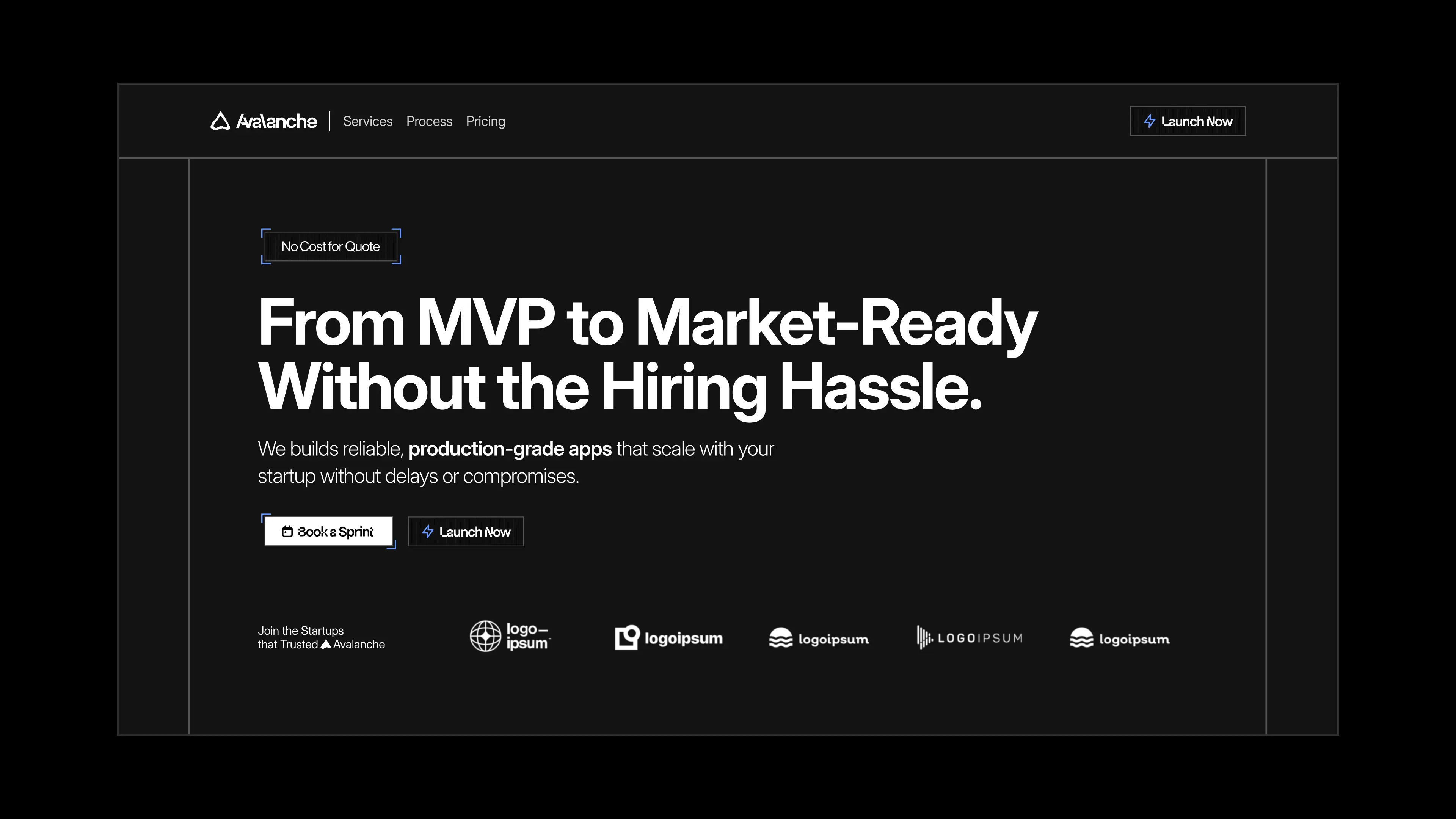 Avalanche Tech landing page hero section — conversion-focused layout with brand messaging