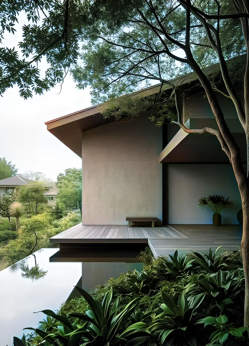 View on asian modern villa surrounded by tropical nature.