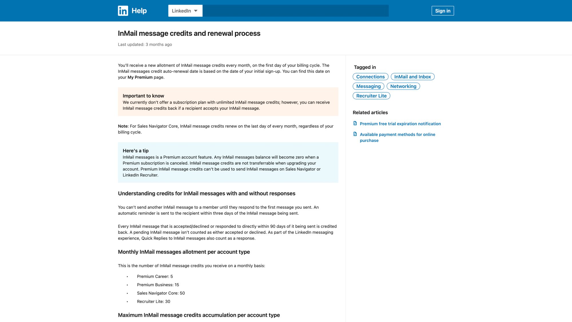 LinkedIn Help Center article on InMail message credits showing monthly allotments, renewal process, and refund mechanics for Premium Business and Sales Navigator plans