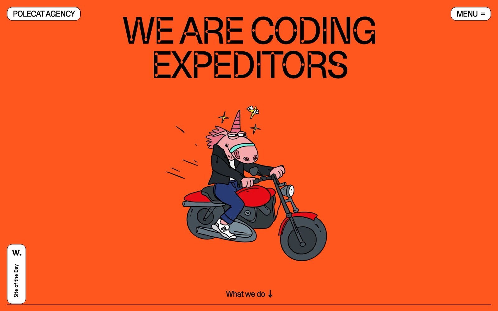 A pink unicorn rides a red motorcycle. Text: "WE ARE CODING EXPEDITORS" on an orange background. "POLECAT AGENCY" and "MENU" are at the top corners.
