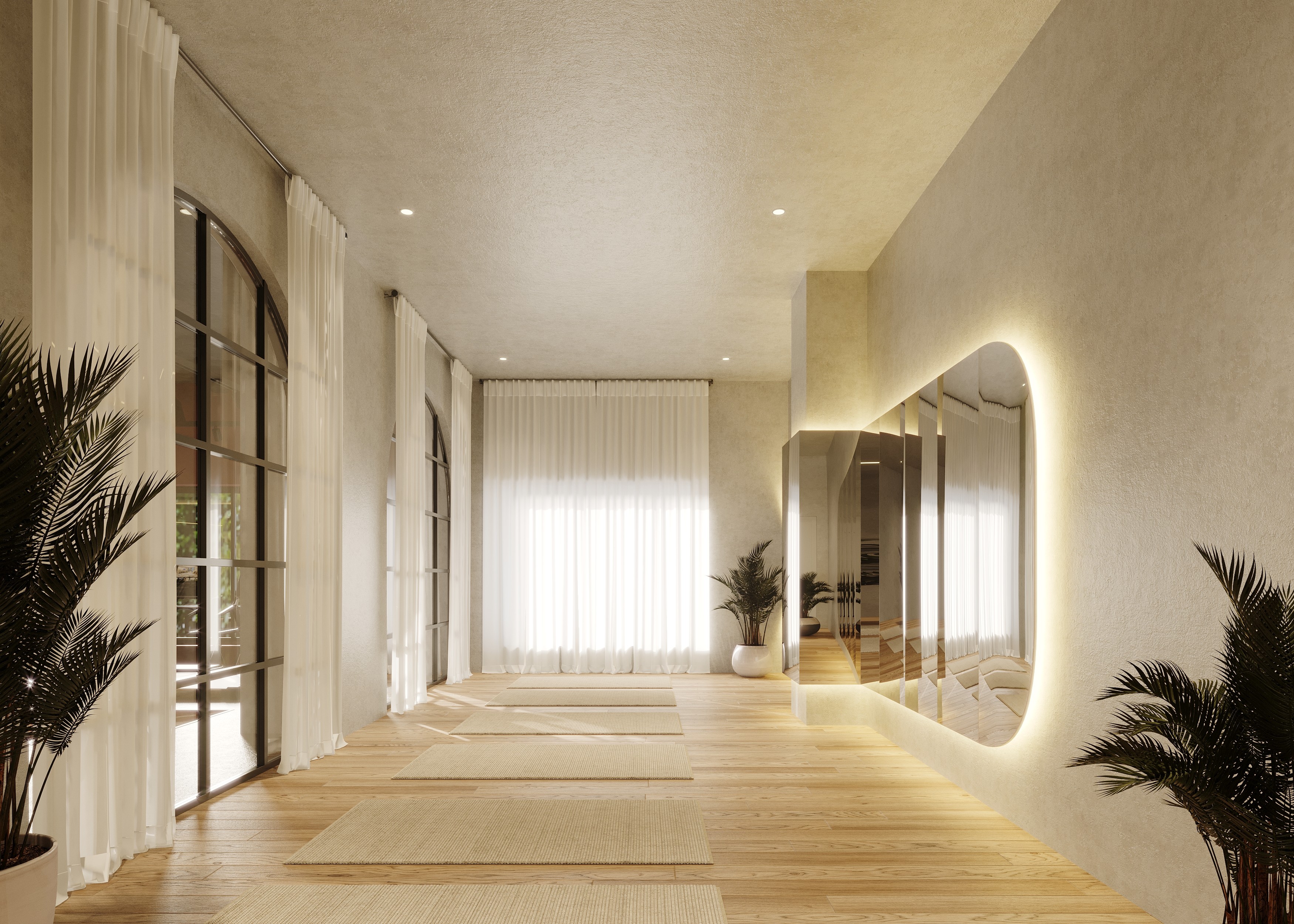 Yoga studio design by interior designers White Circle at Glasgow PBSA scheme featuring bespoke curved backlit mirror