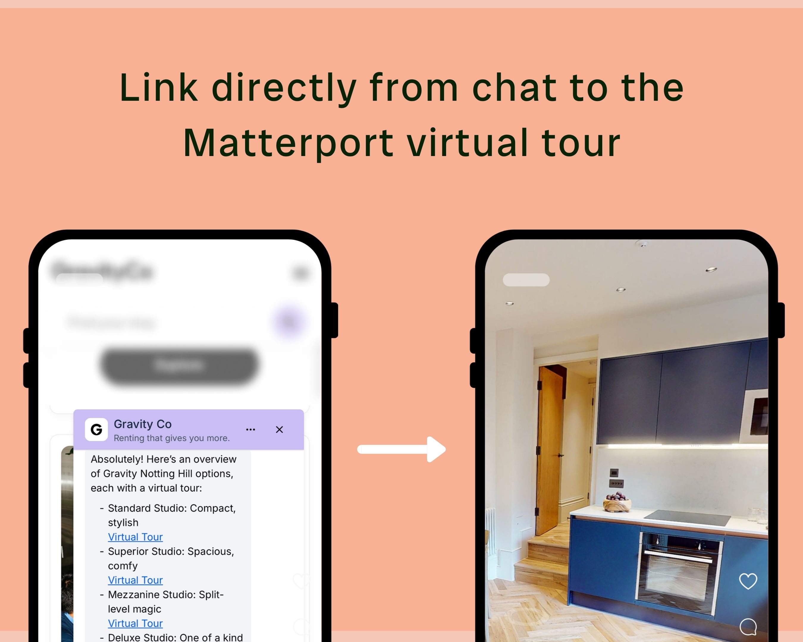 Graphic showing how users can link directly from chat to a Matterport virtual tour. On the left, a smartphone screen displays a chat conversation with Gravity Co, showing property options and clickable ‘Virtual Tour’ links. On the right, another smartphone screen shows a modern kitchen viewed through a virtual tour. The background is peach, with text reading ‘Link directly from chat to the Matterport virtual tour.