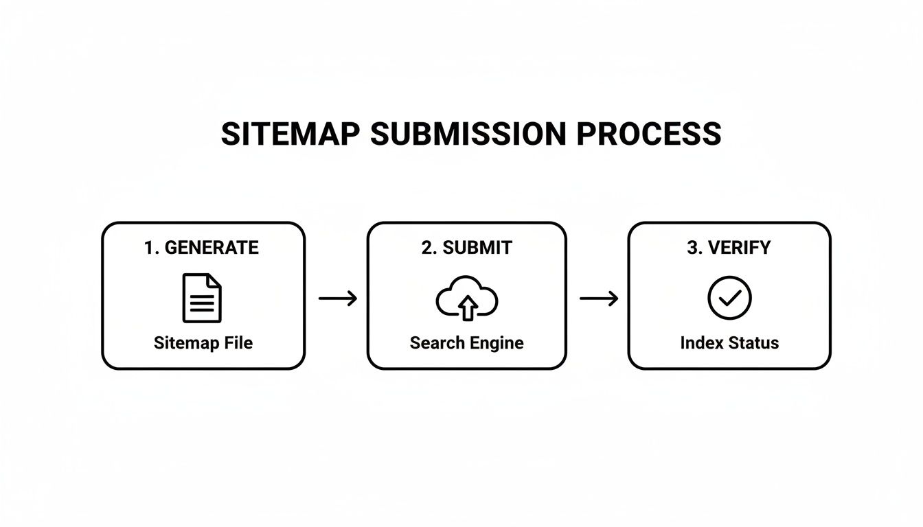 Diagram illustrating the 3-step sitemap submission process: generate, submit to search engine, and verify index status.