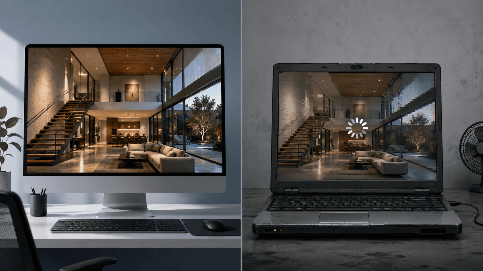Split-screen comparison showing a high-end desktop displaying a crisp 3D architectural interior walkthrough beside an older laptop showing the same scene with pixelation, lag, and a loading spinner.