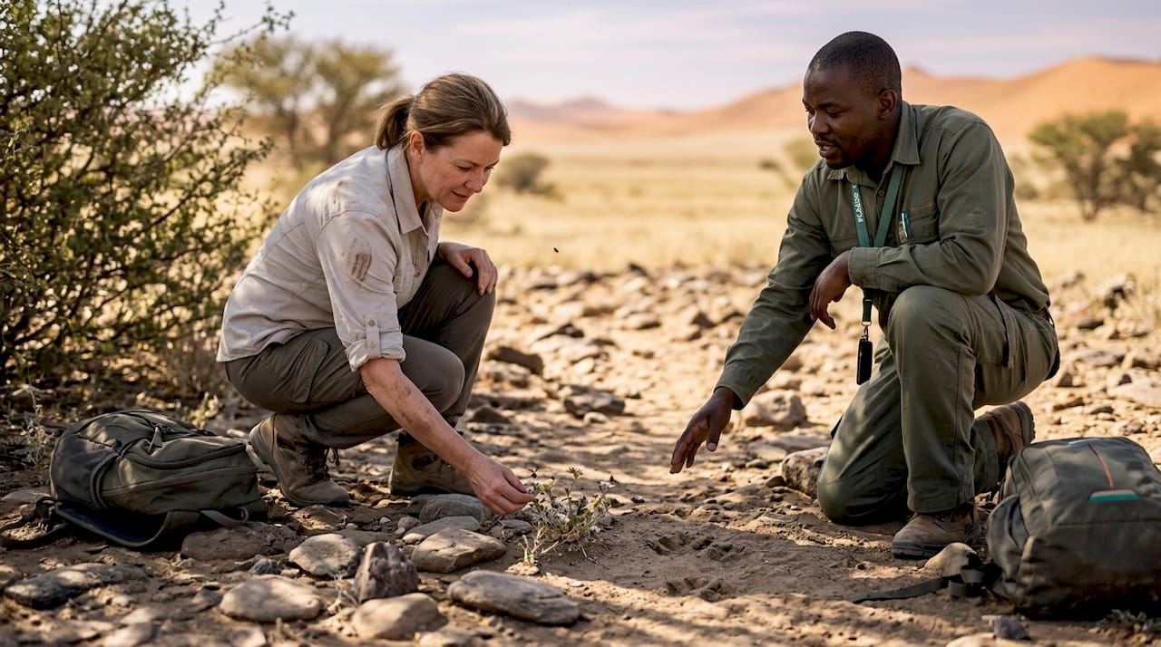 Guest examining desert plant on Namibia walking safari
