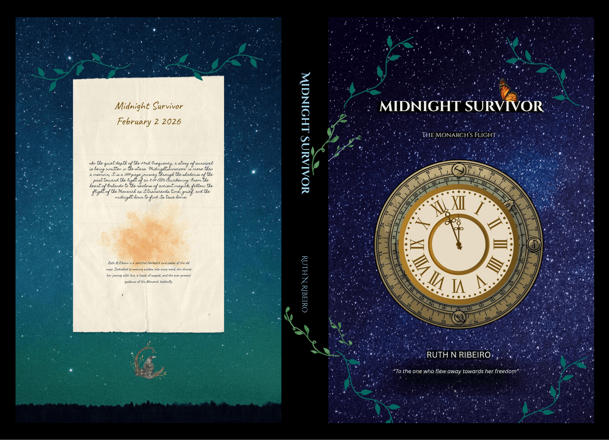 Midnight Survivor: The Flight of the Monarch book cover featuring a starry sky, monarch butterfly, and vintage clock.