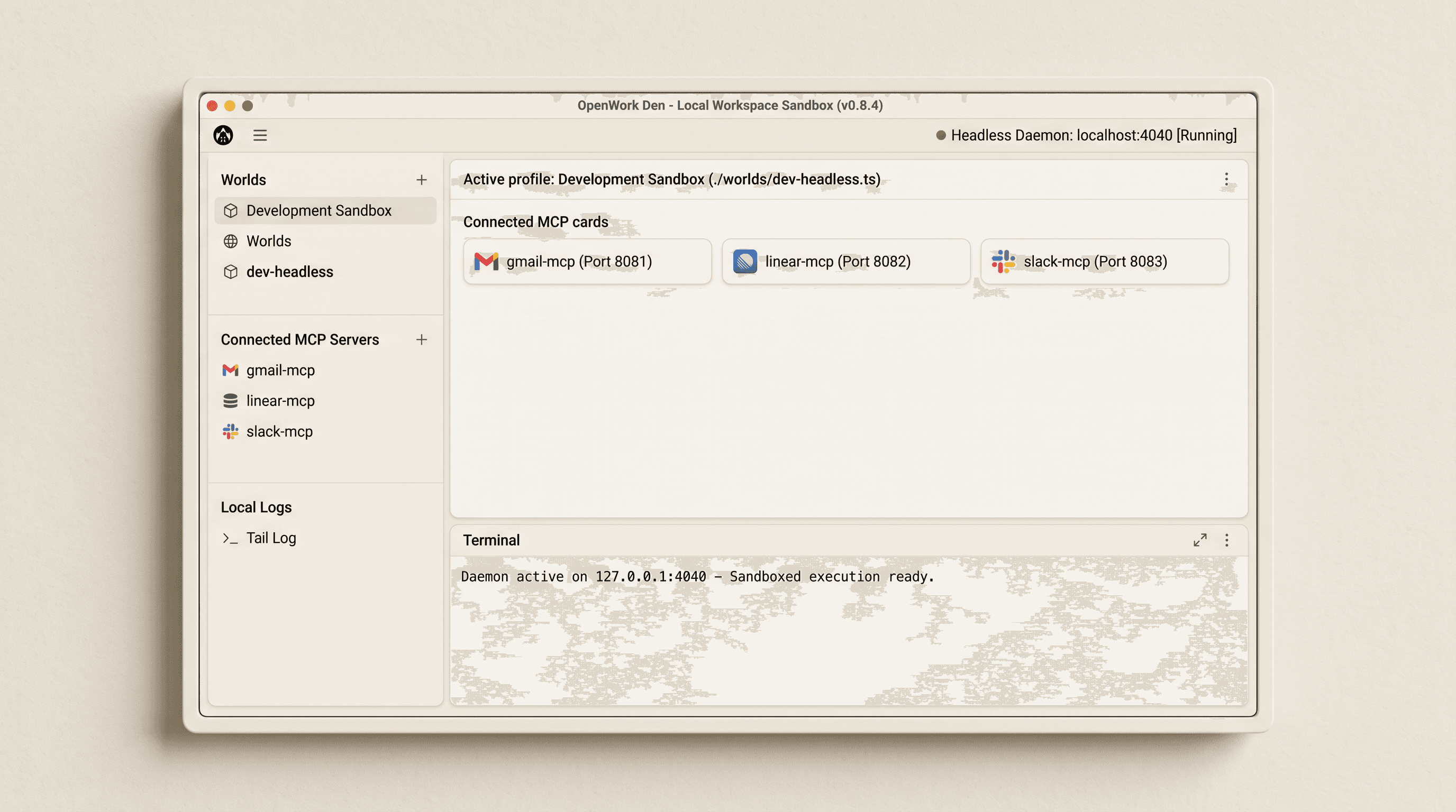 Teaching reconstruction of OpenWork Den local desktop interface and headless development sandbox