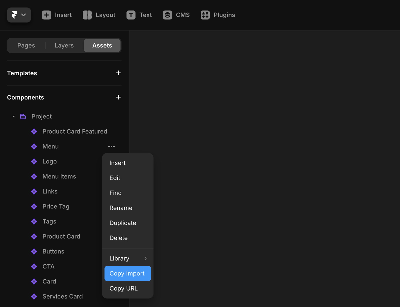 The Assets panel and the dropdown that shows the option “Copy Import”.