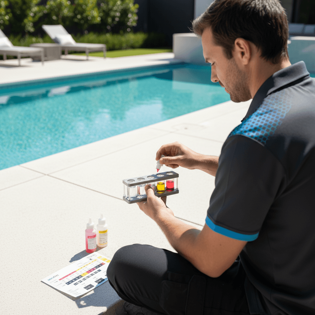 Pool technician performing a water chemistry test beside a backyard pool.