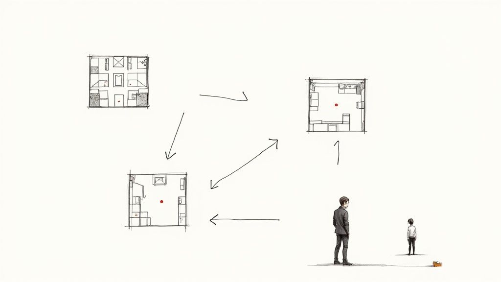 Illustrated floor plans showing evolving interior design configurations in a cycle, with two figures observing.