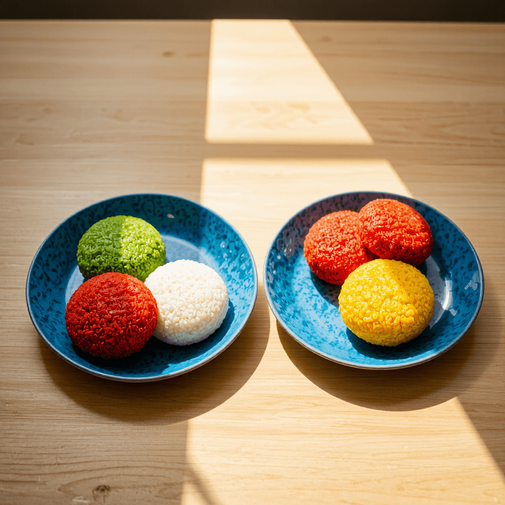 product photography of a plate of colorful rice cakes
