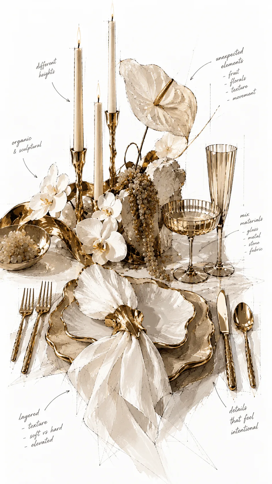 Annotated place setting with gold cutlery, white orchids and tall candles