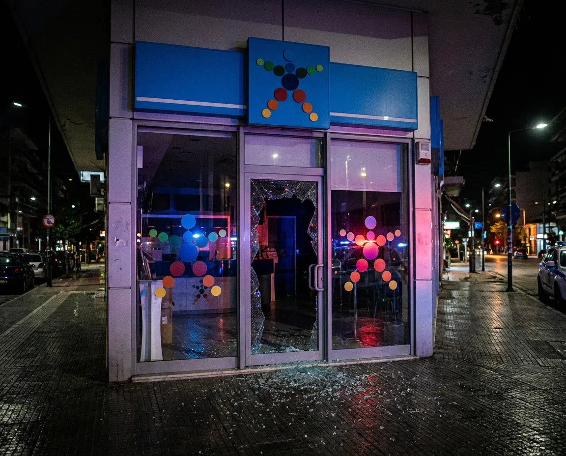 Exterior of an OPAP betting agency in Kalamata during nighttime