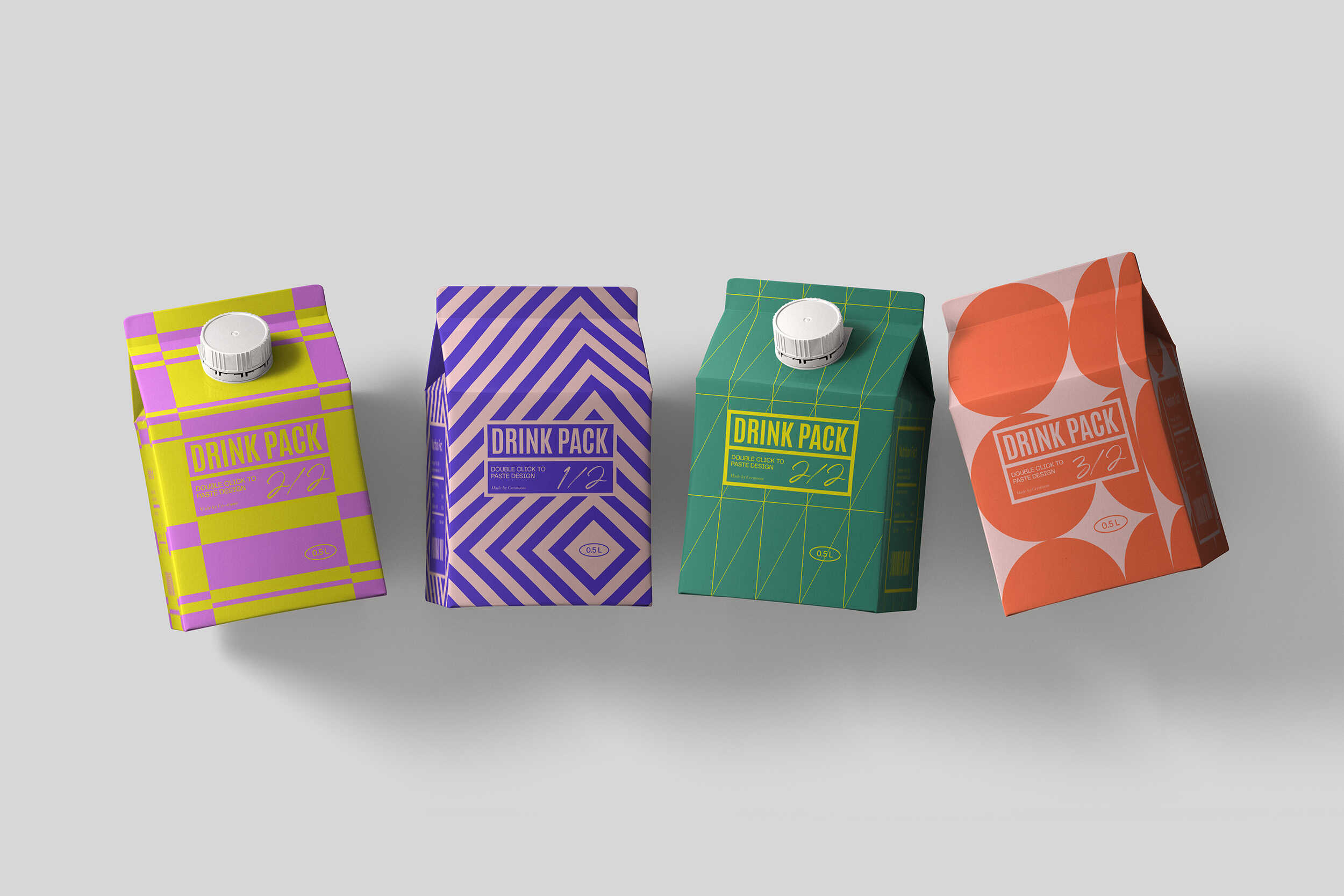 Drink cartons on neutral surface in assorted patterns and colors
