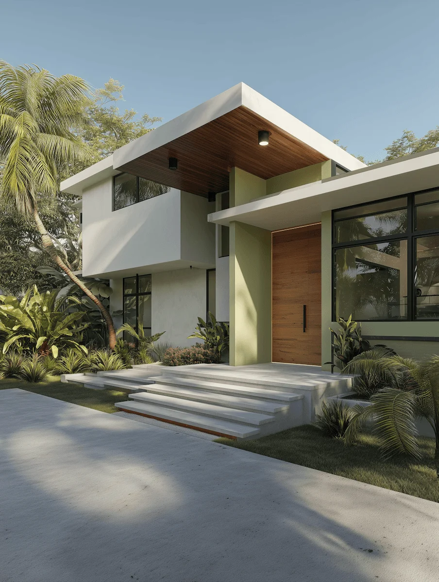 Modern, minimalist house with large windows and flat roof, surrounded by lush greenery and palm trees.