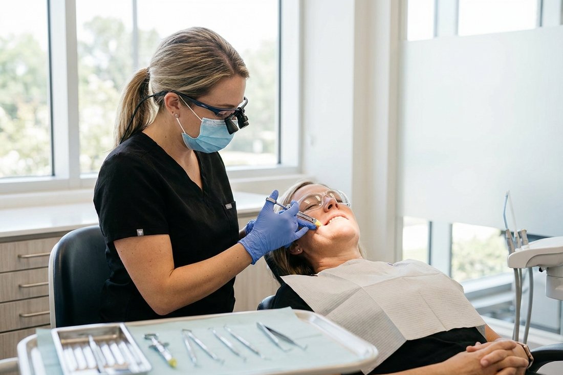 Dentist gently beginning root canal treatment on a calm, comfortable patient in a modern operatory