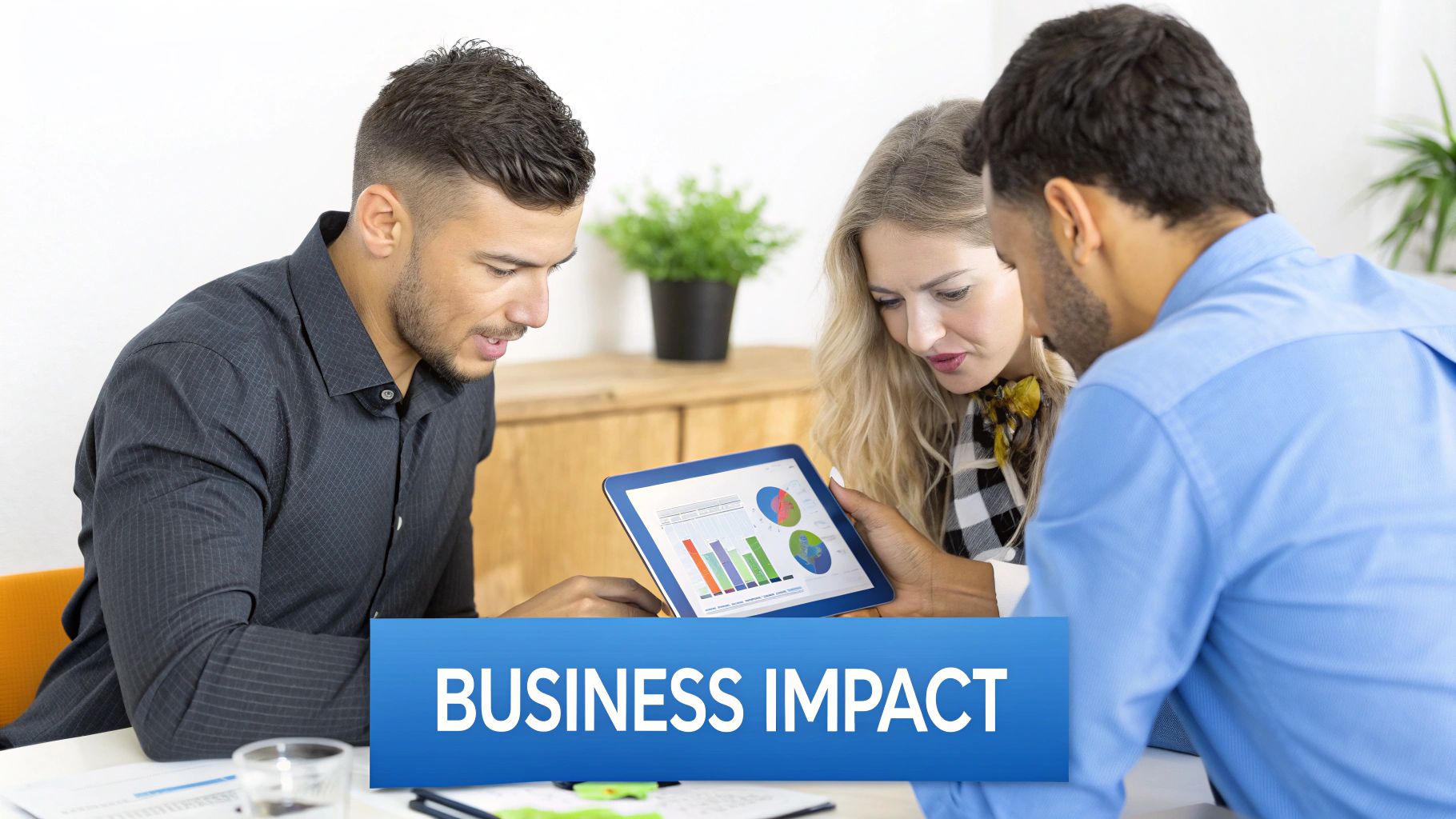A business meeting where professionals are looking at charts and graphs on a large screen, showing positive business growth.