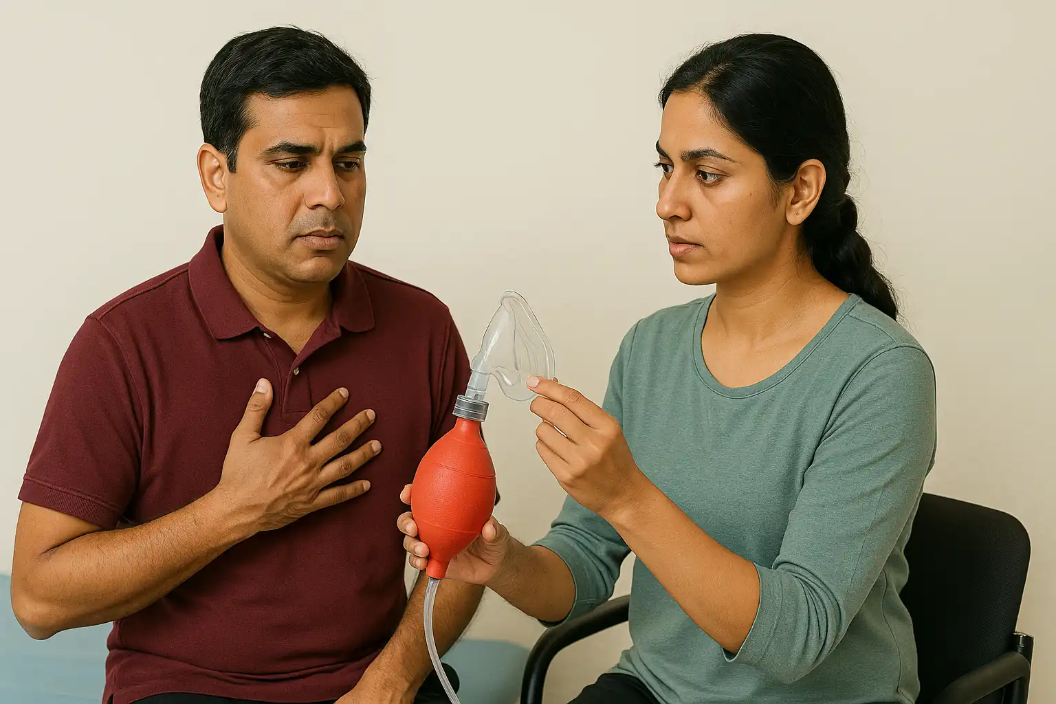 Physiotherapist demonstrating a breathing mask to a man experiencing chest tightness for cardiopulmonary physiotherapy.