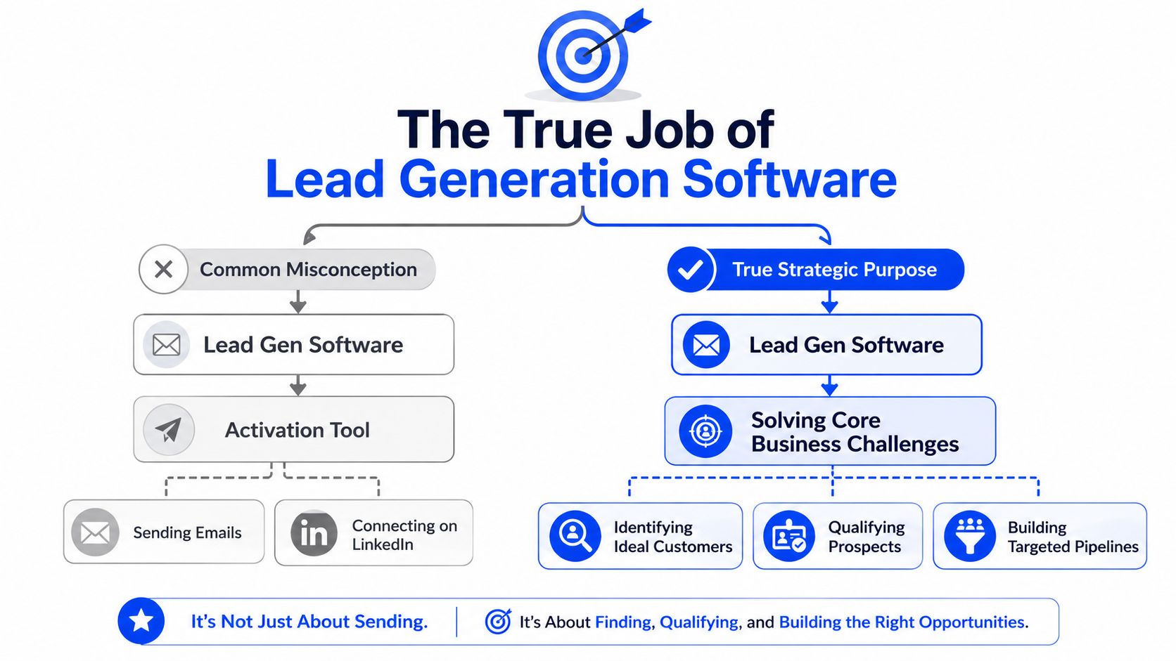 A diagram contrasting the common misconception of lead generation software versus its true strategic business purpose.
