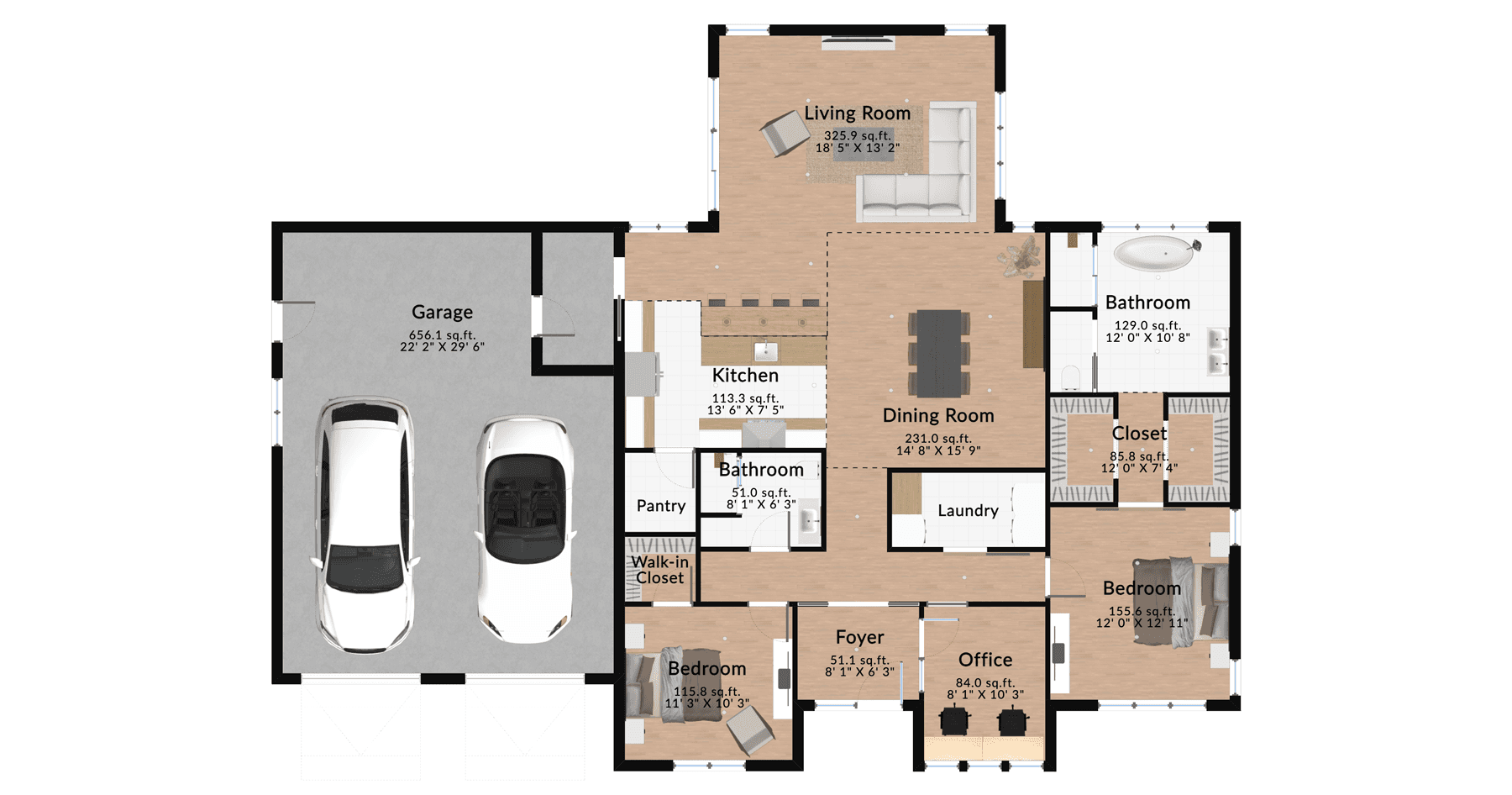 Furnished layout of a spacious two-bedroom house with an open-plan living area, fully equipped kitchen, elegant dining space, home office, and a garage.