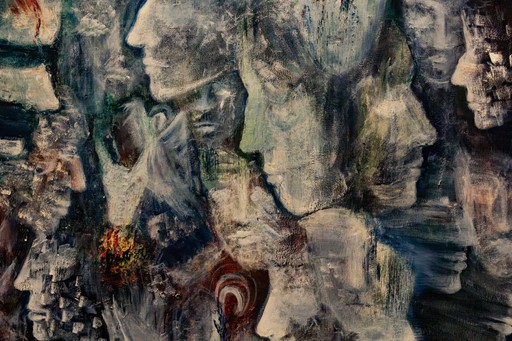 Classical allegorical painting depicting a group of figures gazing toward a divine light breaking through dark clouds, symbolic atmosphere, renaissance-inspired composition, golden undertones, oil on canvas