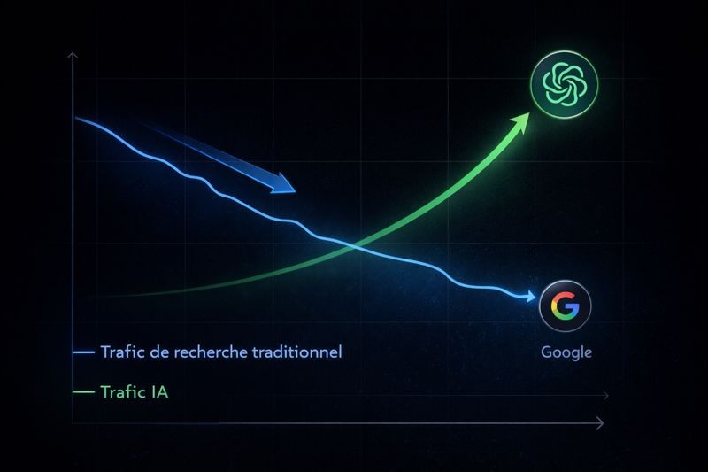 Graphique en style tech-noir illustrant la baisse du trafic de recherche traditionnel Google et la forte croissance du trafic provenant des moteurs d’intelligence artificielle comme ChatGPT.