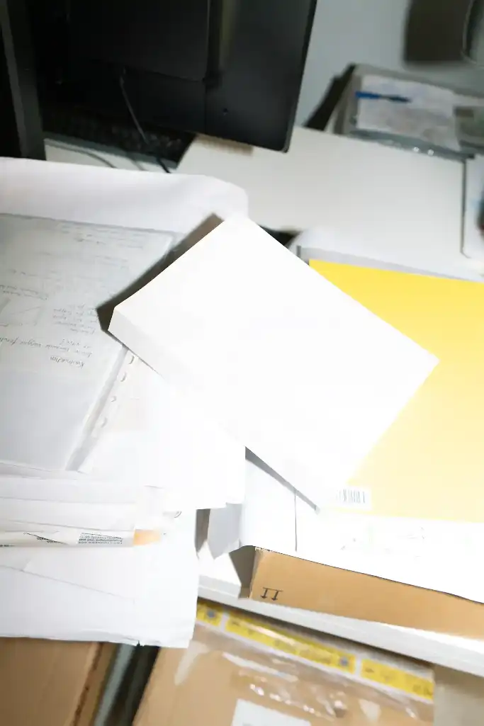 A modern book with minimalist black-and-white graphics rests on a cluttered desk with papers, files, and a monitor.