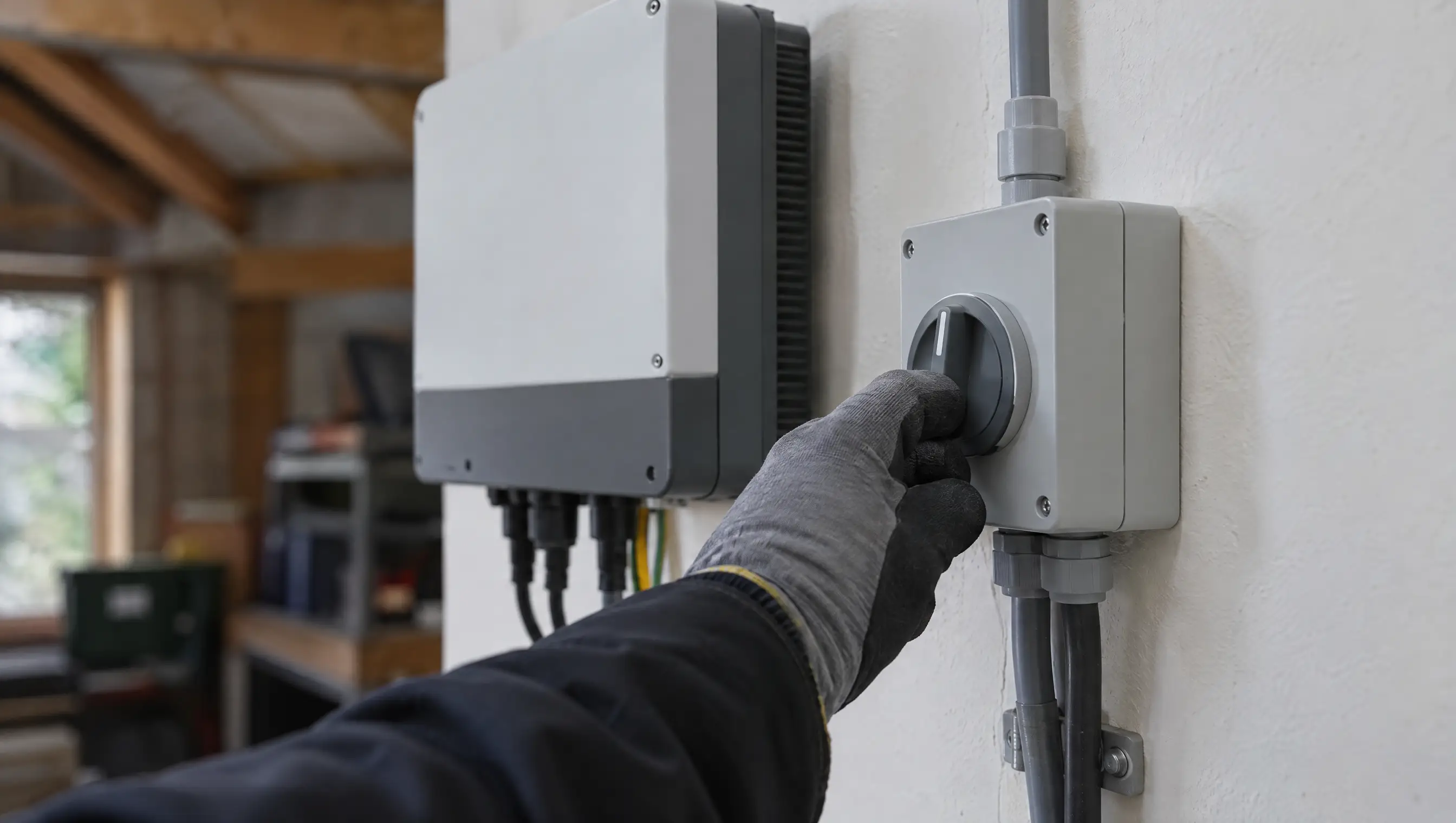 An electrician switching off a solar isolator next to an inverter before the panels are taken down